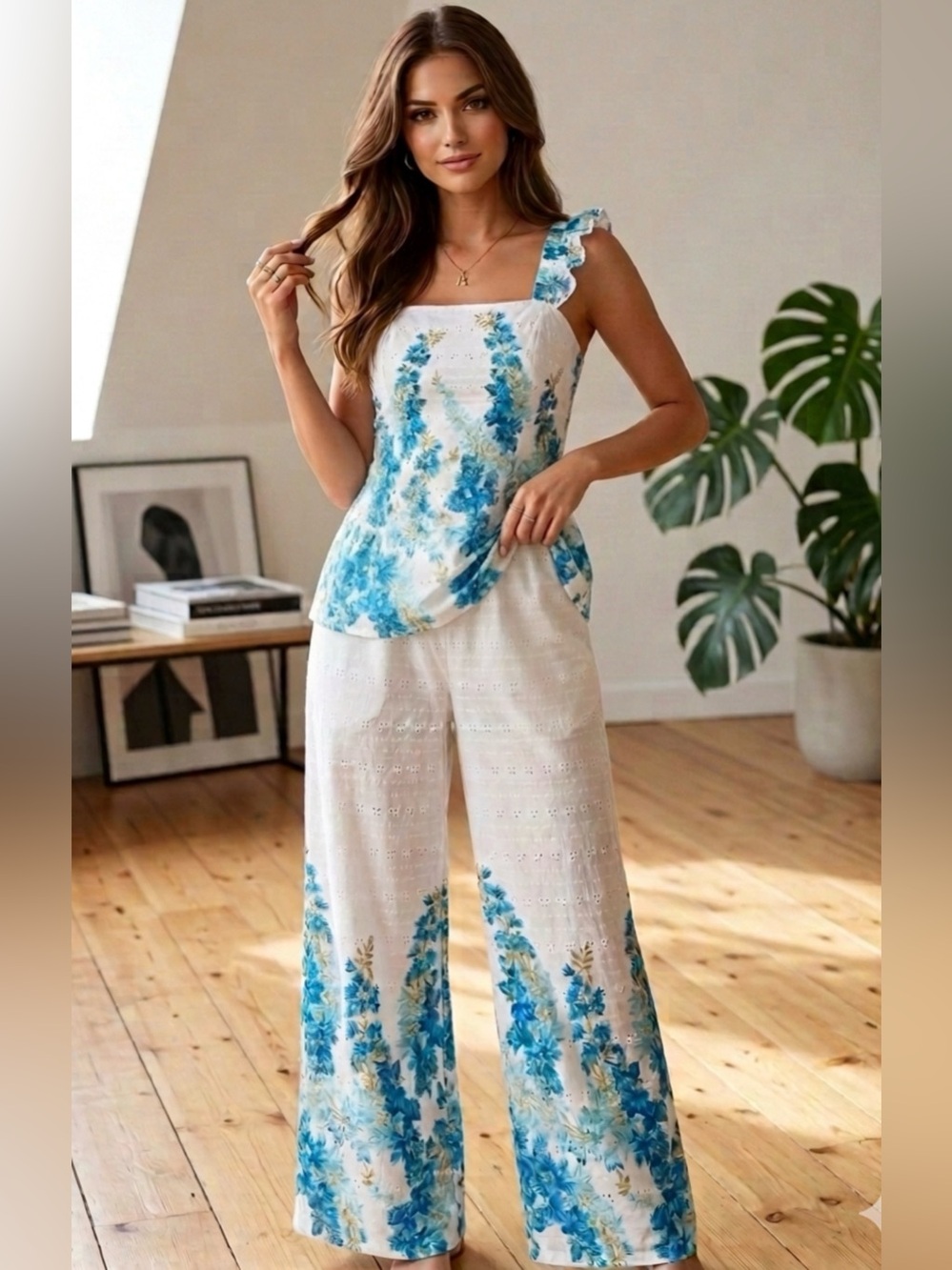 🌟B668. Elegant 2 Piece Set Eyelet Floral Print Top & Relaxed Leg Jumpsuit